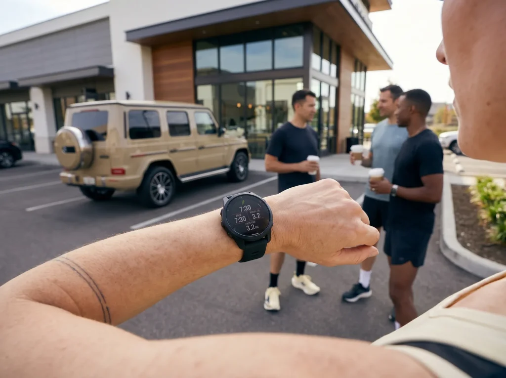 A runner checking her new Fenix 8 Pro Sportwatch