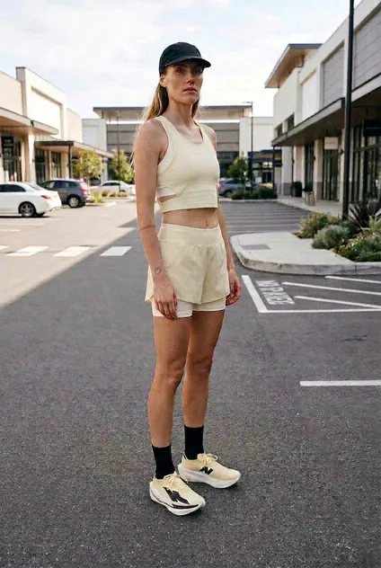 Technical running shorts in vanilla, ivory white paired with two layers singlet with integrated sport bra
